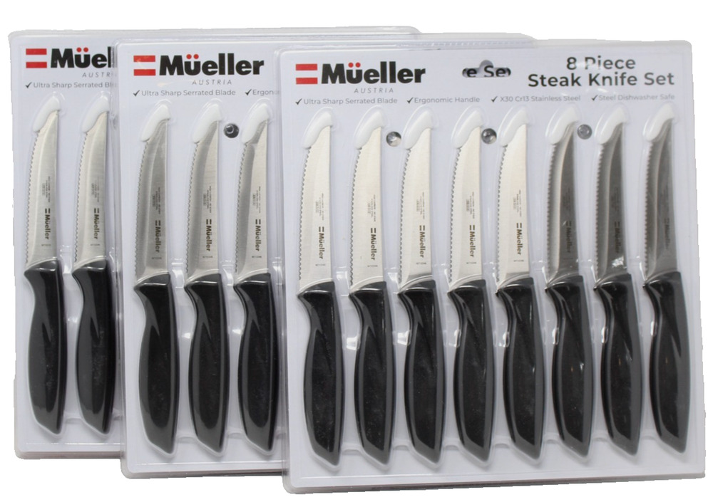 Lot of 3 Mueller Austria 8 Piece Steak Knife Set Stainless Steel Serrated NEW
